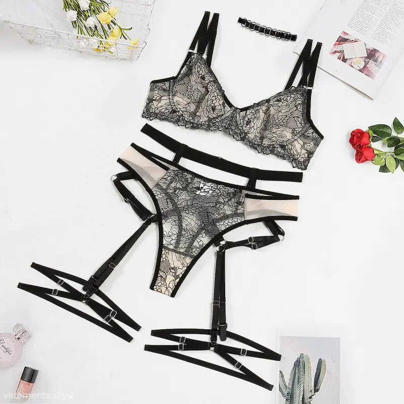 Floral sexy lingerie featuring lace, mesh embroidery, and garter straps in sexy lingerie four piece set