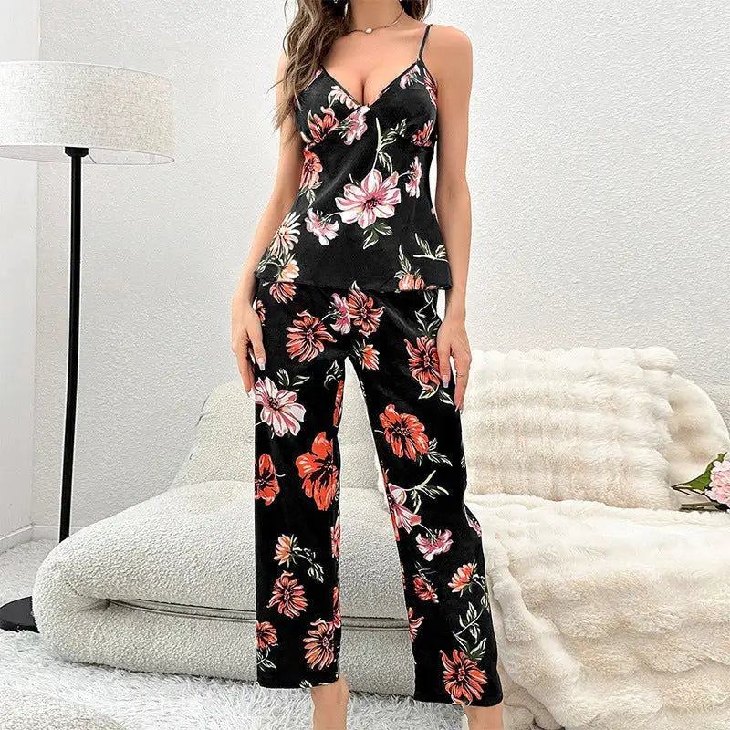 Floral print simple silk homewear summer set featuring spaghetti strap top and wide-leg pants