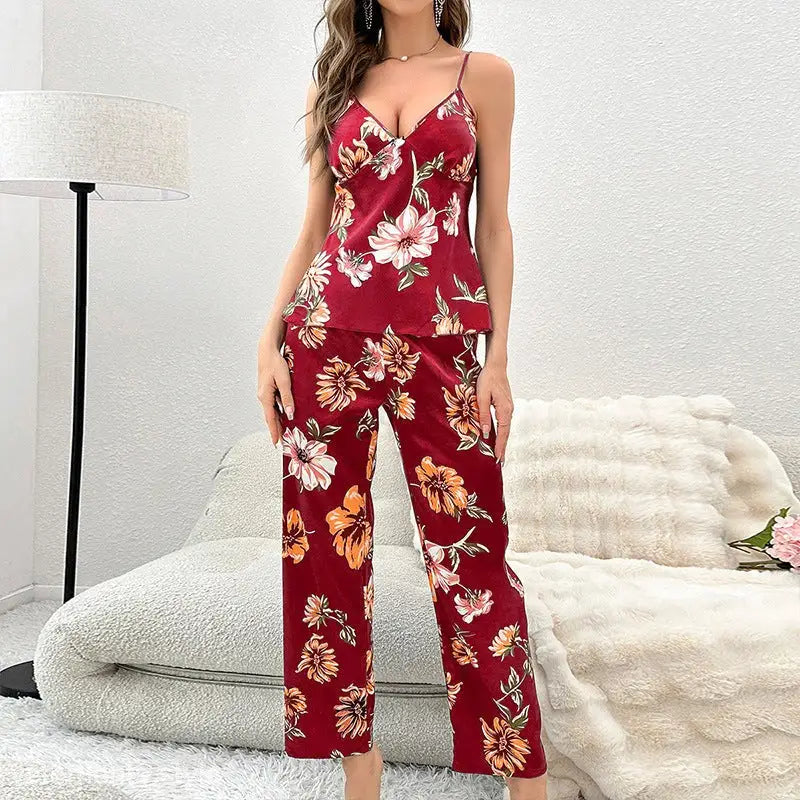 Floral print simple silk homewear with red camisole and wide-leg pants for relaxation