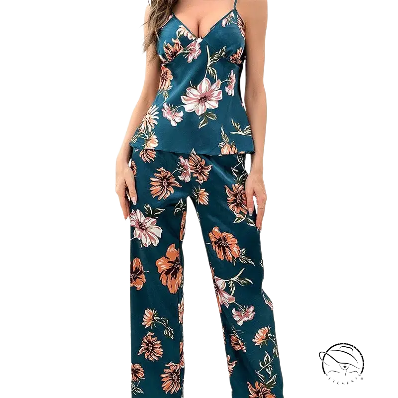Floral sleeveless silk homewear set with teal background