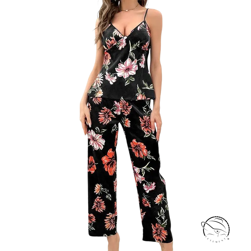 Floral silk homewear set with spaghetti straps and wide-leg pants