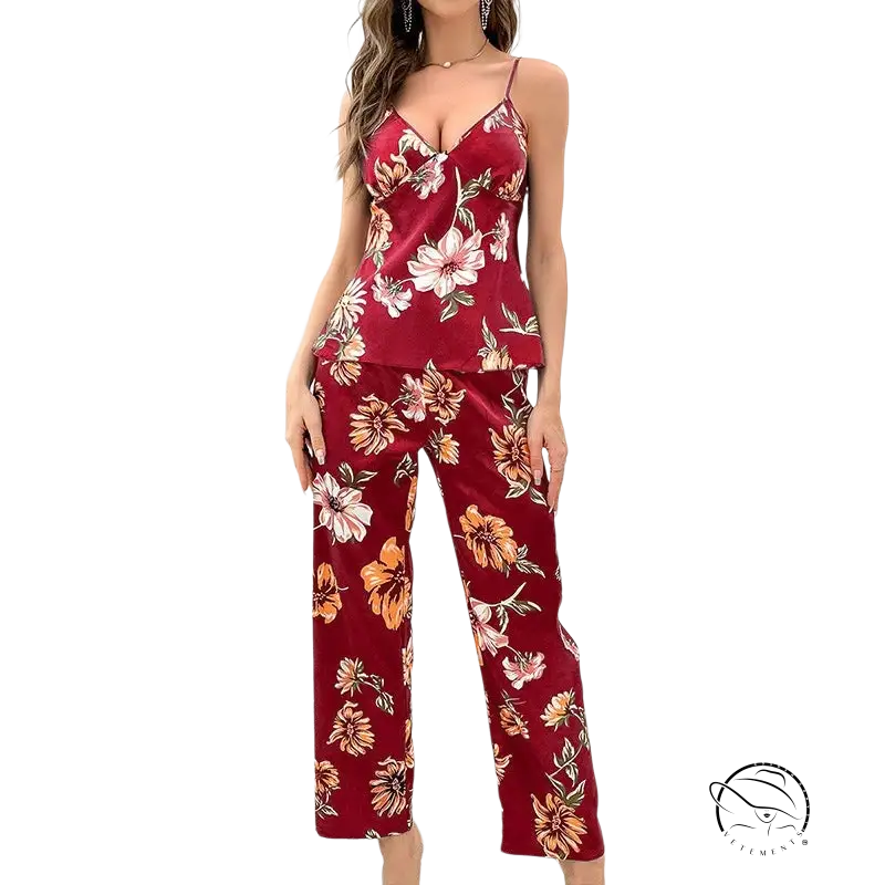 Floral sleeveless silk homewear set with red camisole and wide-leg pants