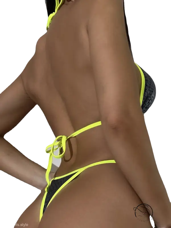 Fluorescence black bikini with green edge tie halter strap design