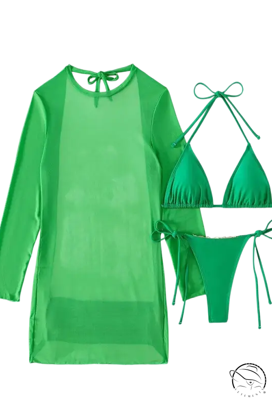 Green sheer long-sleeved beach cover-up for fluorescent bikini three-piece