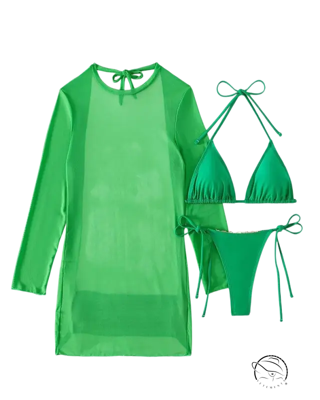 Green sheer long-sleeved beach cover-up for fluorescent bikini three-piece