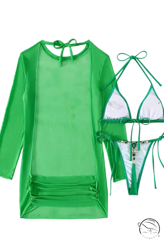 Fluorescent bikini three-piece set with green sheer cover-up and accents