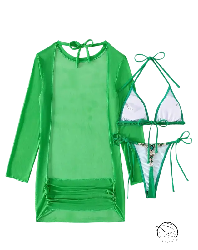 Fluorescent bikini three-piece set with green sheer cover-up and accents