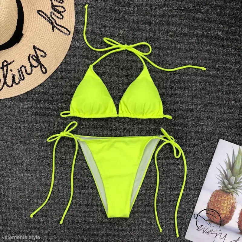 Fluorescent yellow sexy bandage bikini with neon green strings