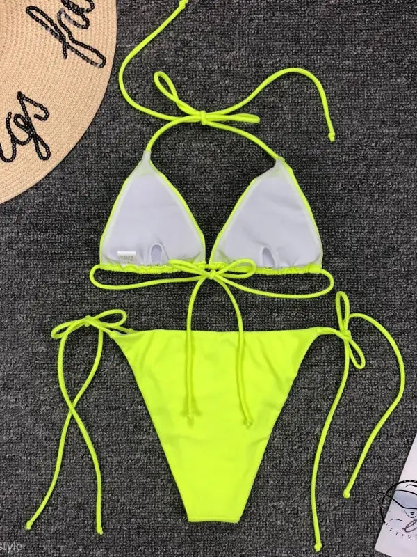 Fluorescent yellow sexy bandage bikini with tie strap halter design