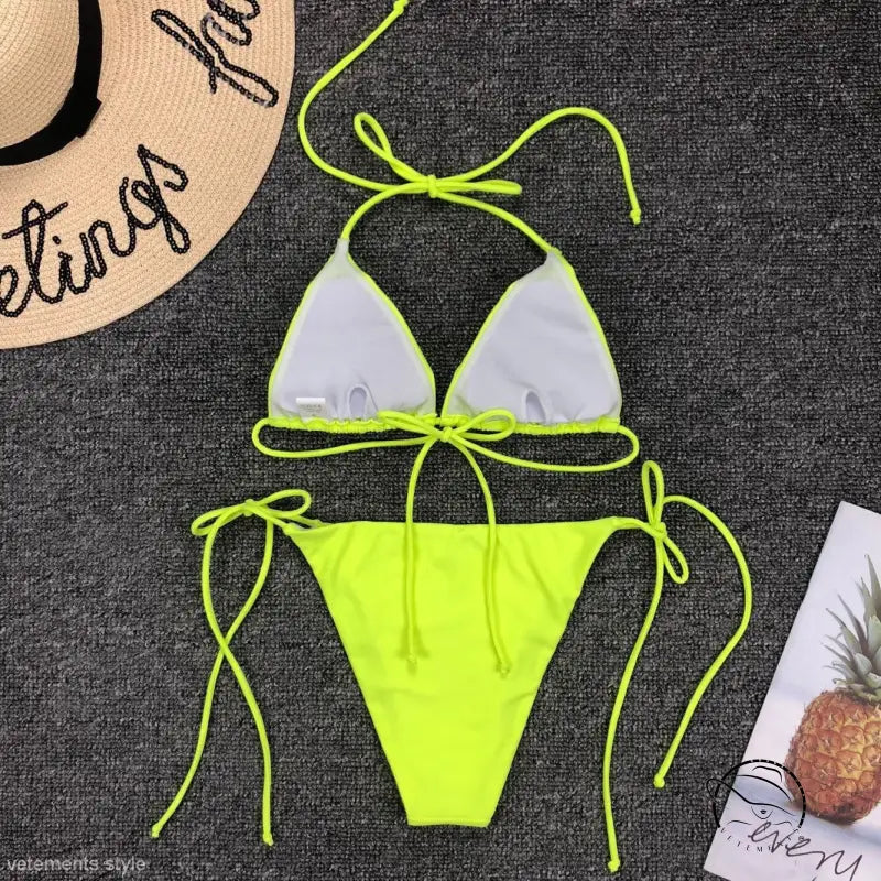 Fluorescent yellow sexy bandage bikini with tie strap halter design