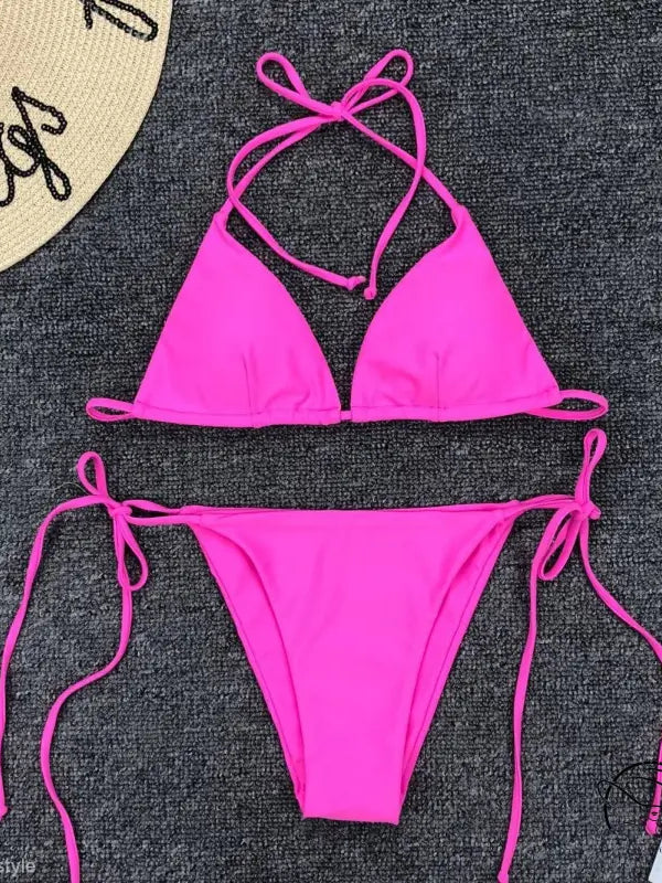 Fluorescent yellow sexy bandage bikini with tie strap halter design