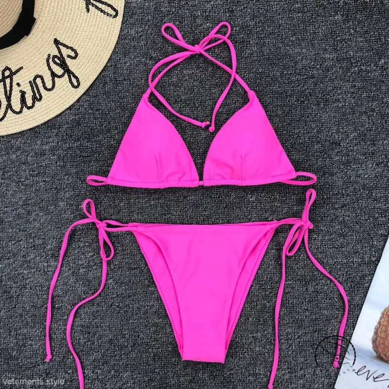 Fluorescent yellow sexy bandage bikini with tie strap halter design