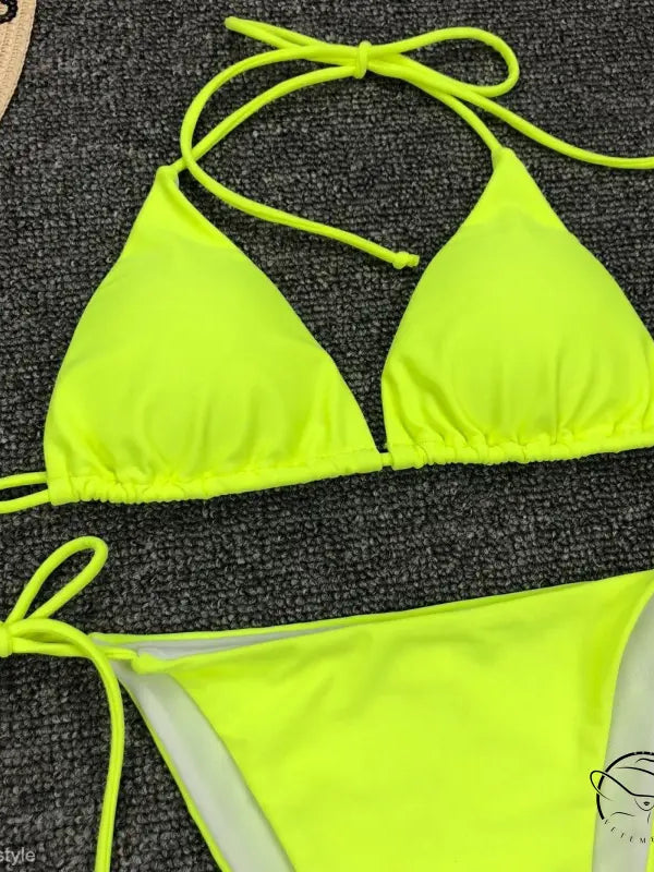 Fluorescent yellow sexy bandage bikini with tie strap halter design