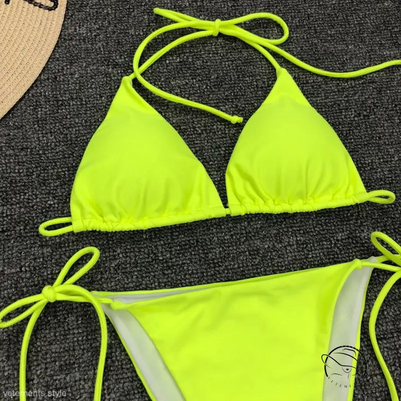 Fluorescent yellow sexy bandage bikini with tie strap halter design