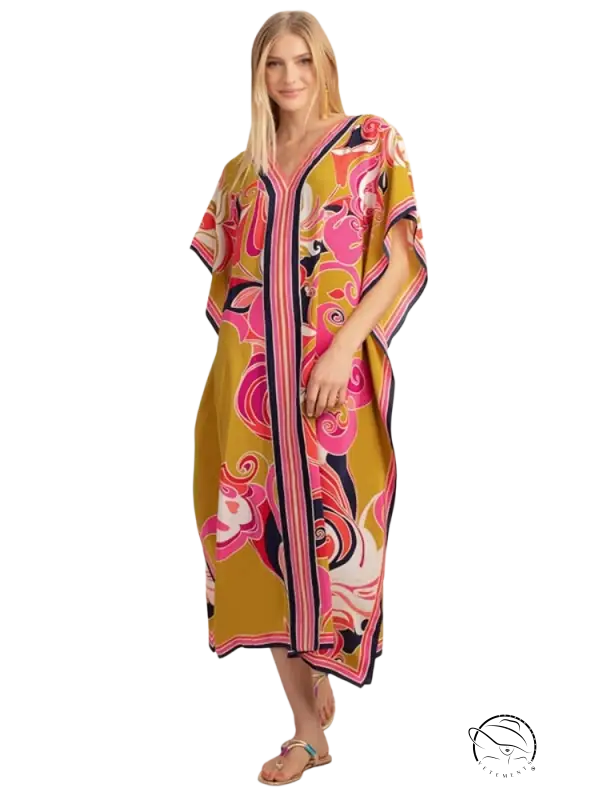 Colorful floral army green beach cover dress with V-neck and wide sleeves