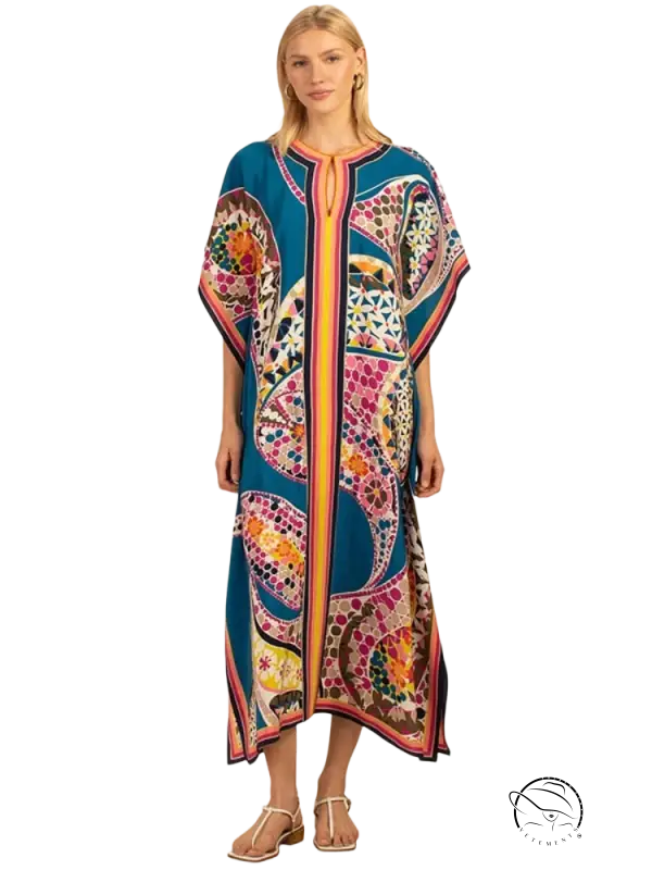 Army green beach cover dress with vibrant geometric kaftan pattern