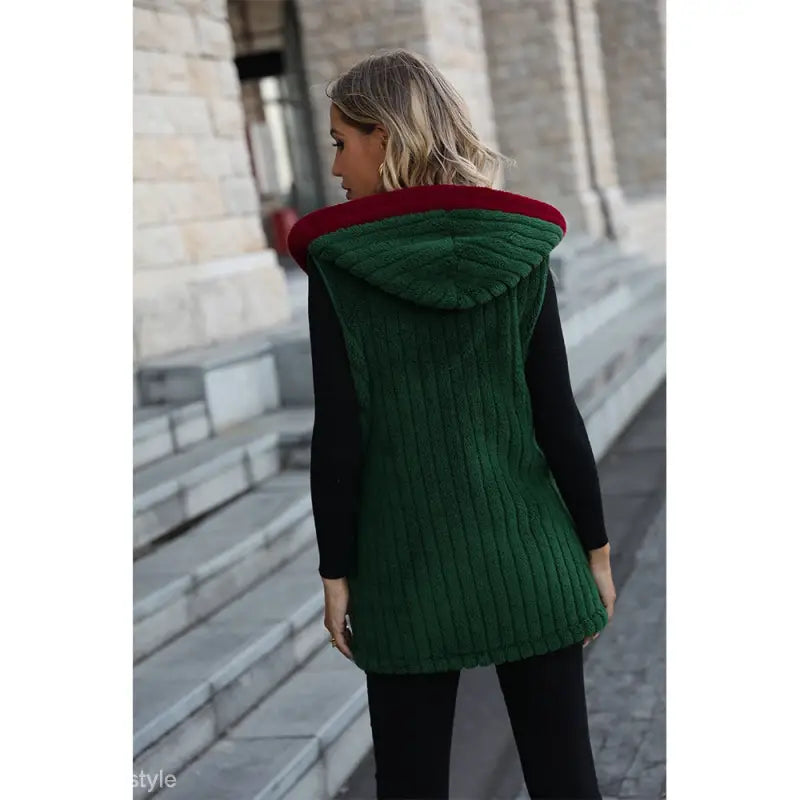 Forest green hooded sleeveless loose casual Christmas vest with cable knit texture