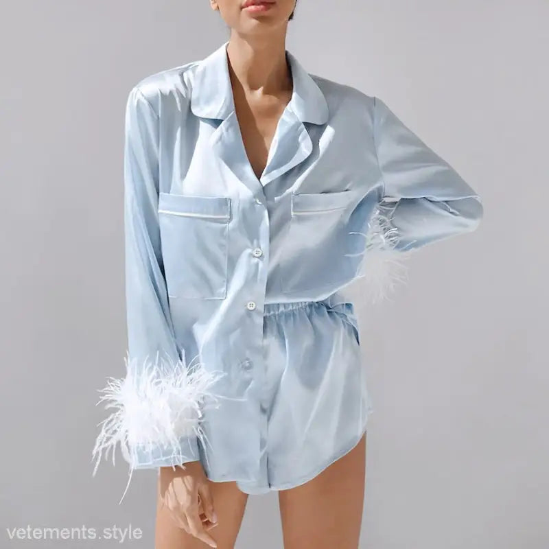 Light blue satin French Christmas silk pajama set with feather trim and shorts for elegant holiday sleepwear
