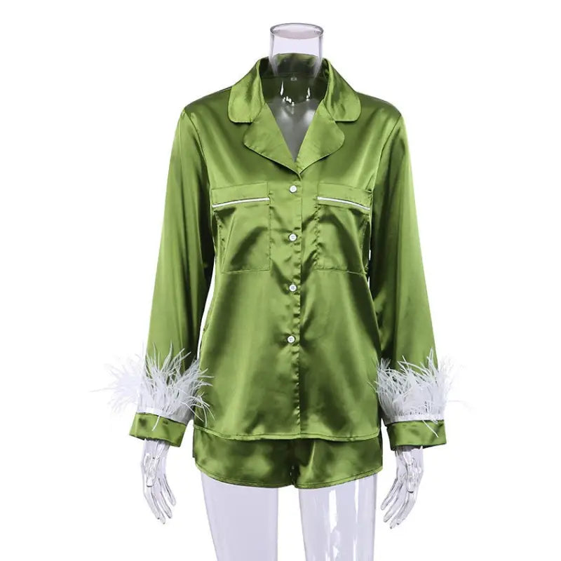 Green satin French Christmas silk pajama set with feather trim and shorts