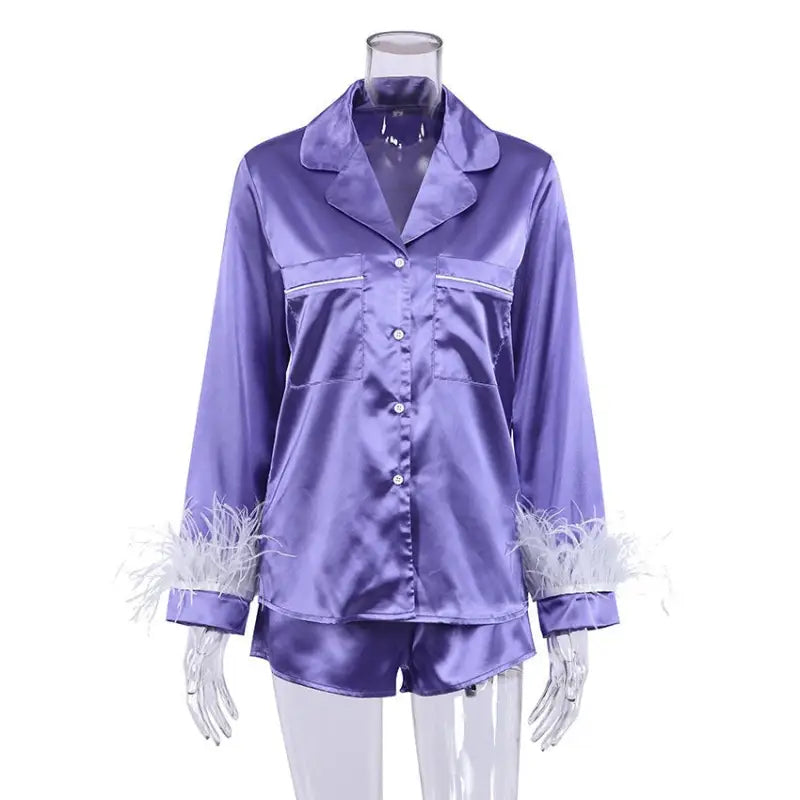 Purple satin French Christmas pajamas with feather trim and silk lounge set
