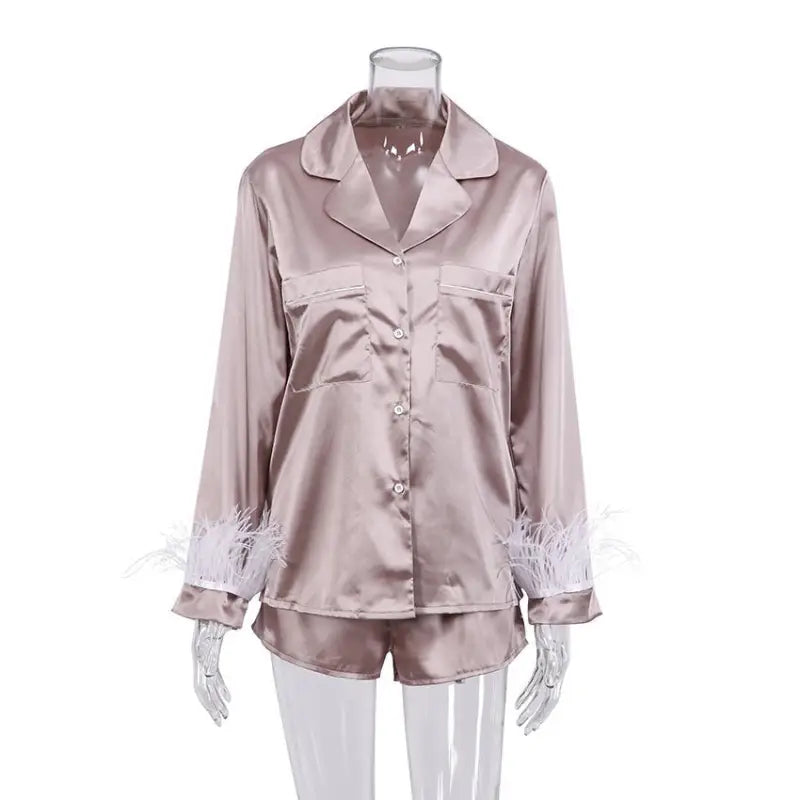 French Christmas silk lounge set with feather trim and matching shorts pajamas