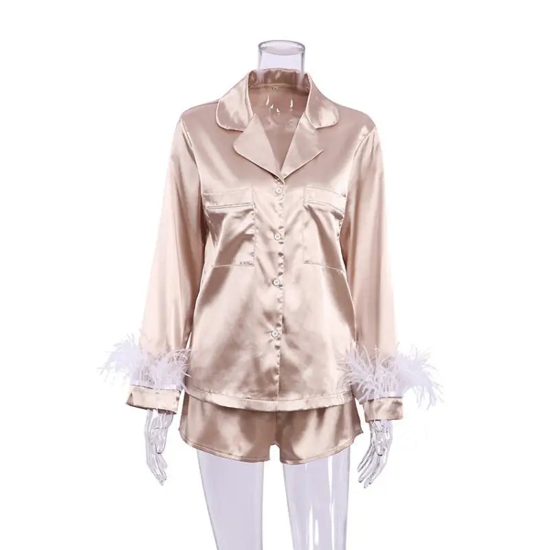 Champagne-colored satin French Christmas silk lounge set with feather trim and shorts