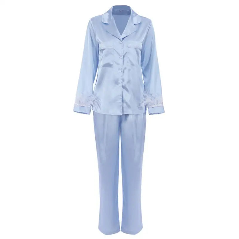 Light blue satin French Christmas silk pajamas set with feather sleeves and shorts