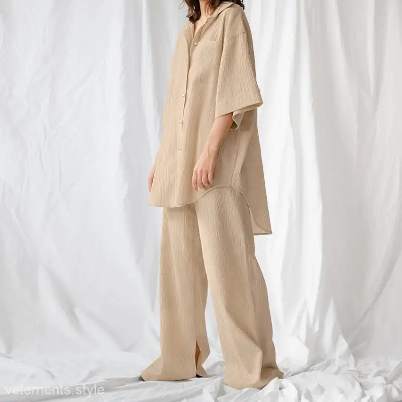 Beige French cotton comfortable pajamas set with oversized shirt and wide-leg pants for lounge