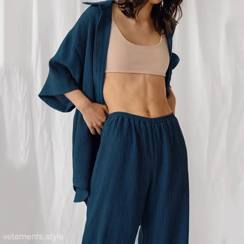 Teal blue French cotton comfortable pajamas set with cardigan, wide-leg pants, and beige crop top