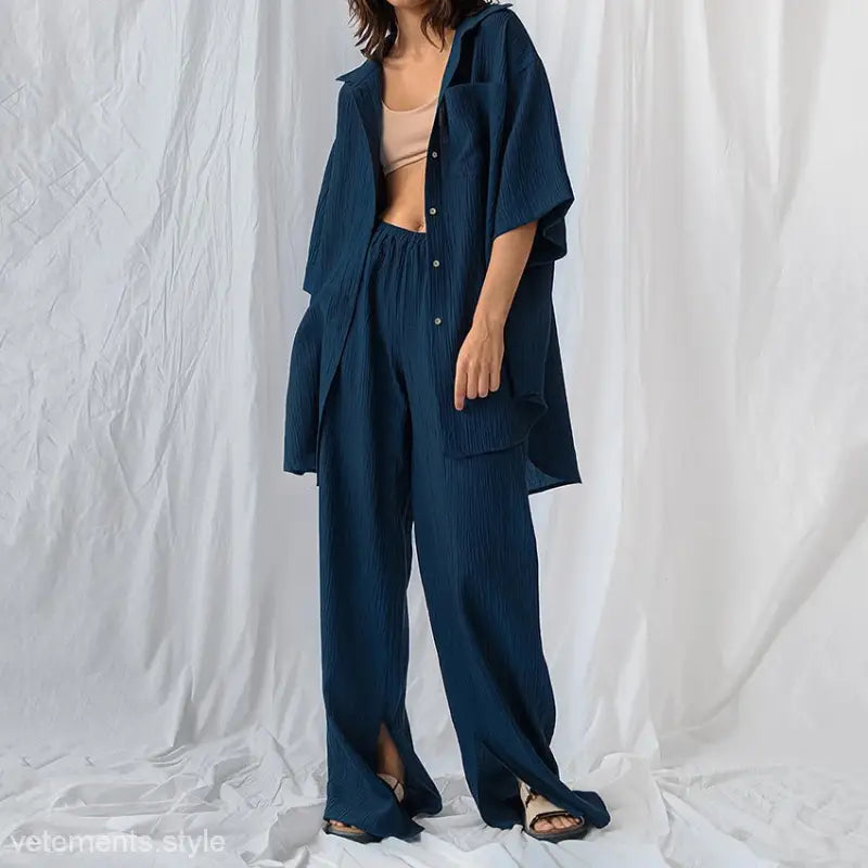 Navy blue french cotton comfortable pajamas set with beige crop top for spring lounging