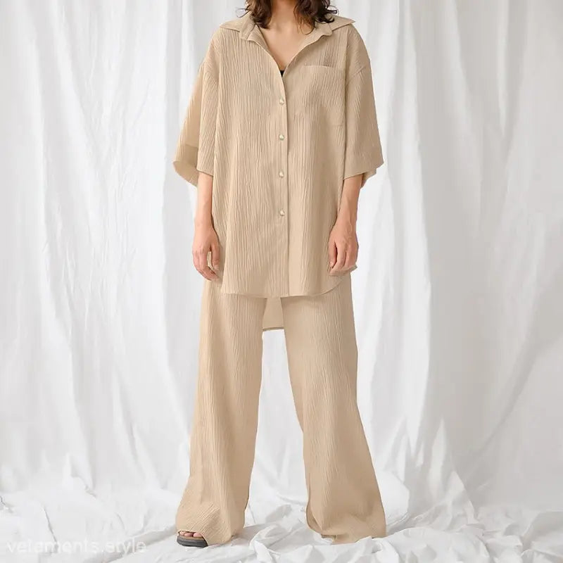 Beige linen-like oversized shirt and wide-leg pants set from French Cotton Comfortable Pajamas collection