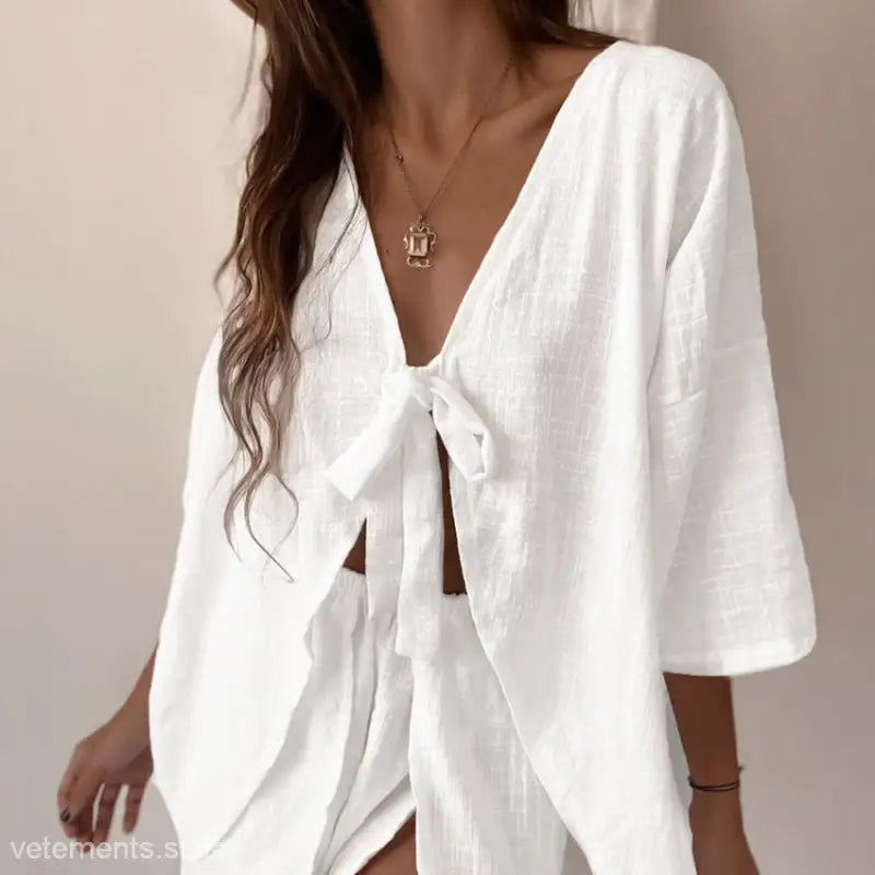 White linen tie-front top and shorts set from French Cotton Pajamas Two Piece Lounge Set