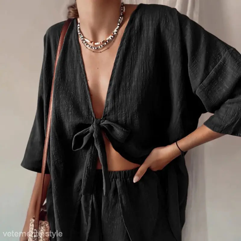 Black tie-front top and shorts set in French Cotton Sexy Pajamas Two Piece Lounge Set