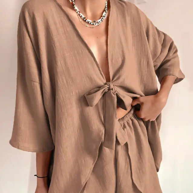 Tan linen Tie-Front Top and Shorts Set in French Cotton Sexy Pajamas Two Piece Lounge Set