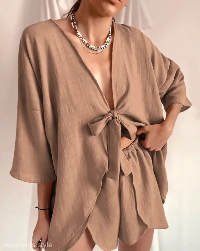 Tan linen Tie-Front Top and Shorts Set in French Cotton Sexy Pajamas Two Piece Lounge Set