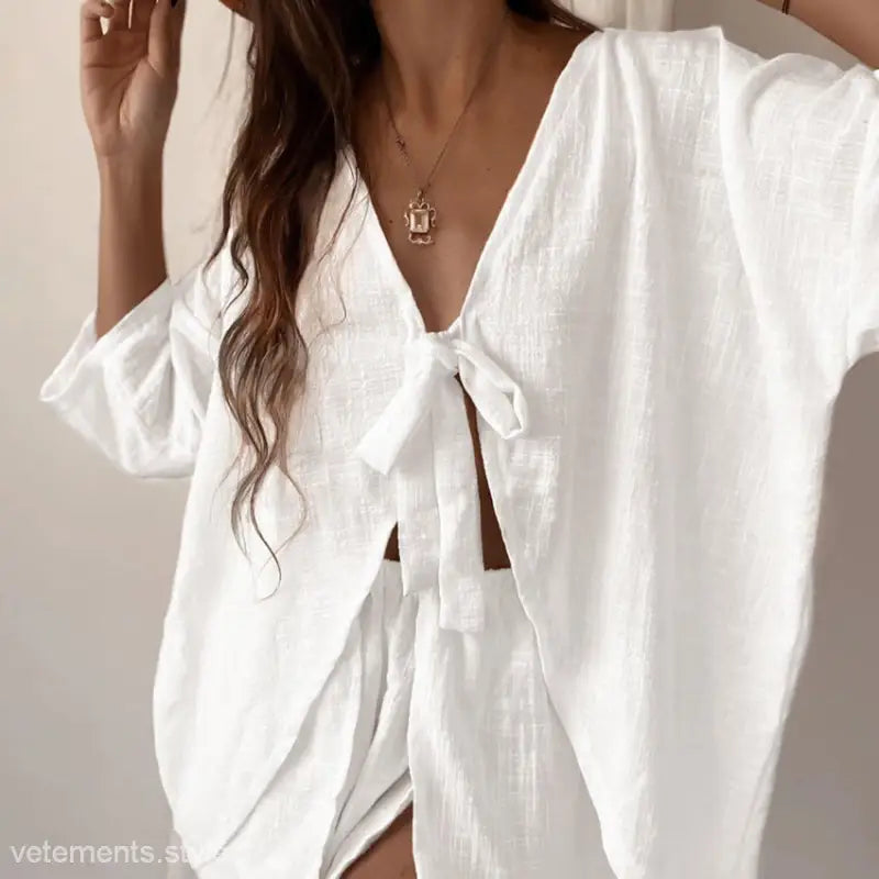White linen tie-front top of French Cotton Sexy Pajamas Two Piece Lounge Set
