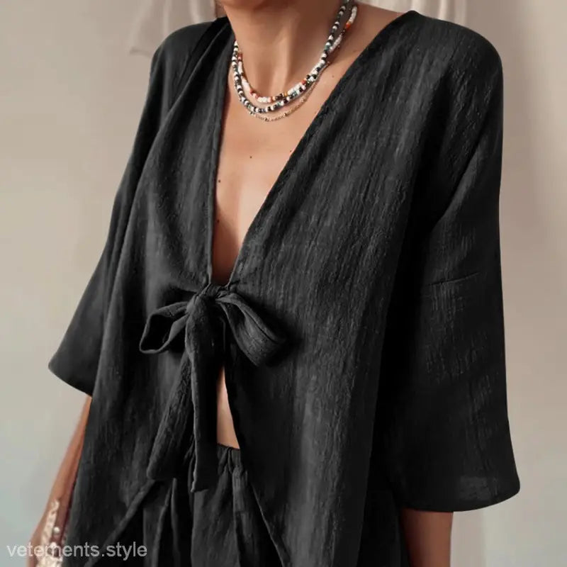 Black tie-front top with short sleeves from French Cotton Pajamas Two Piece Lounge Set