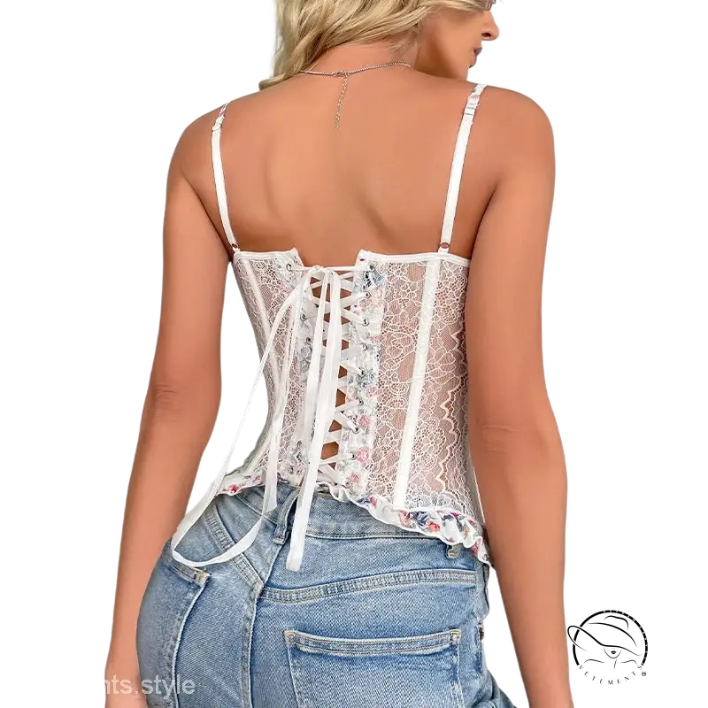 French lace floral corset top with ribbon ties and ruffles
