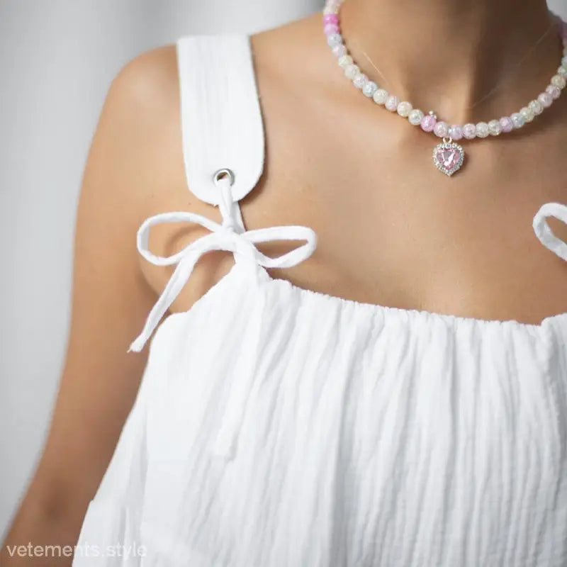 White sundress with tie straps and beaded necklace, perfect sexy french nightdress pajamas