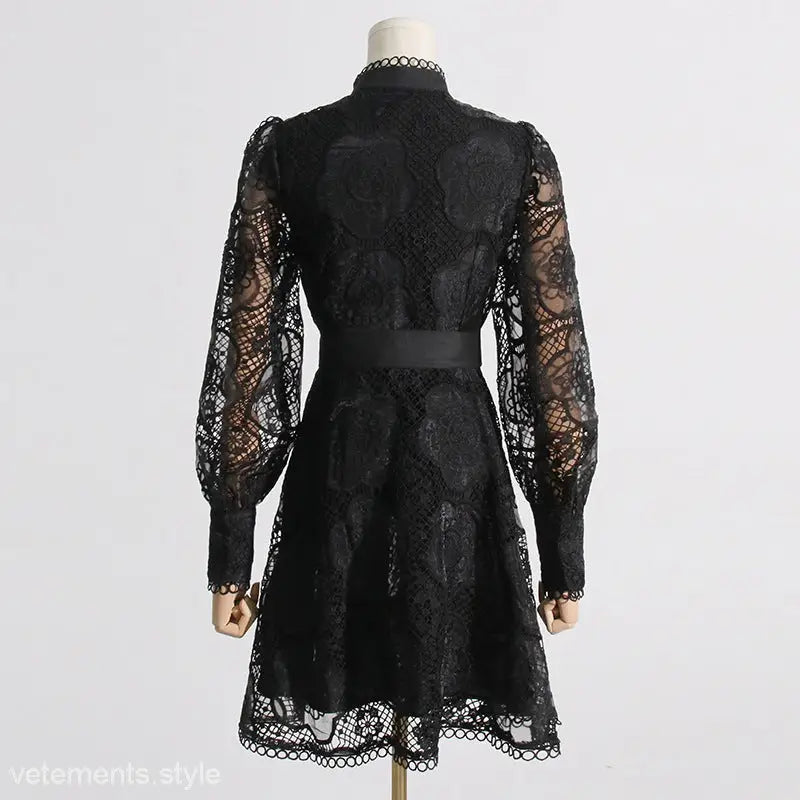 Black lace long sleeve dress with high collar from French Royal Embroidered Dress collection