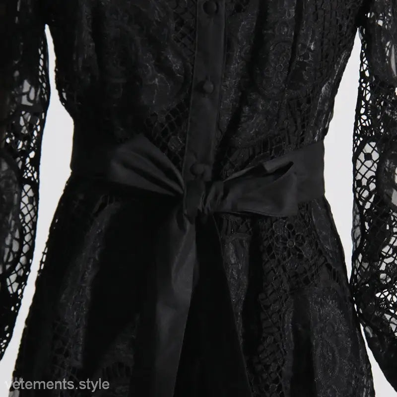 Black lace French Royal Embroidered Dress with satin bow at the waist