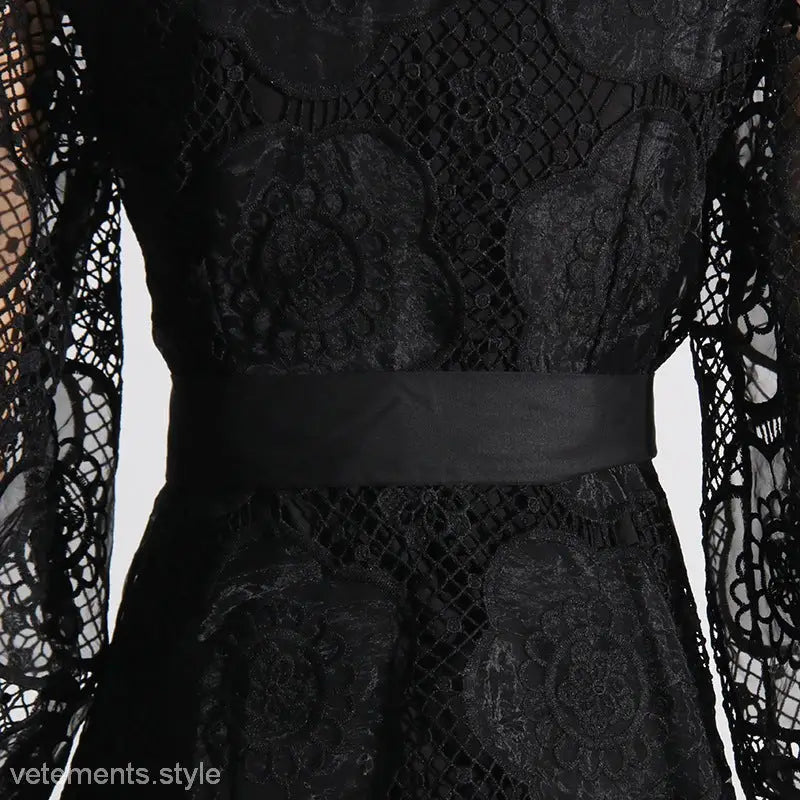 Black lace French Royal Embroidered Dress with fitted waistband, elegant embroidered dress