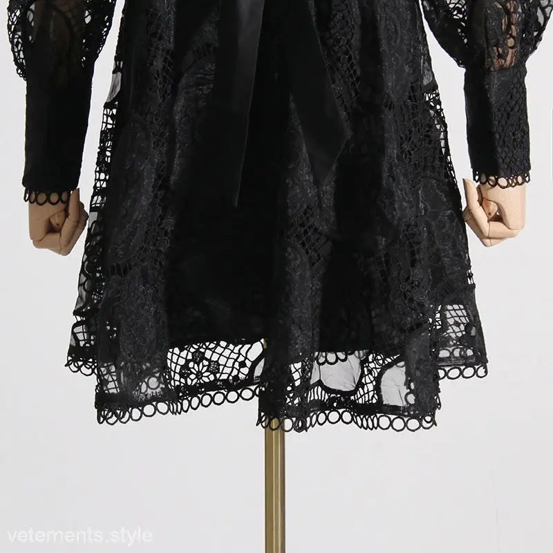 Black lace dress with intricate embroidered patterns and scalloped hem, French Royal Embroidered Dress