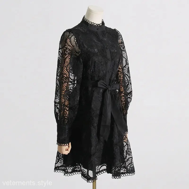 Black lace royal embroidered dress with long sleeves and high neckline