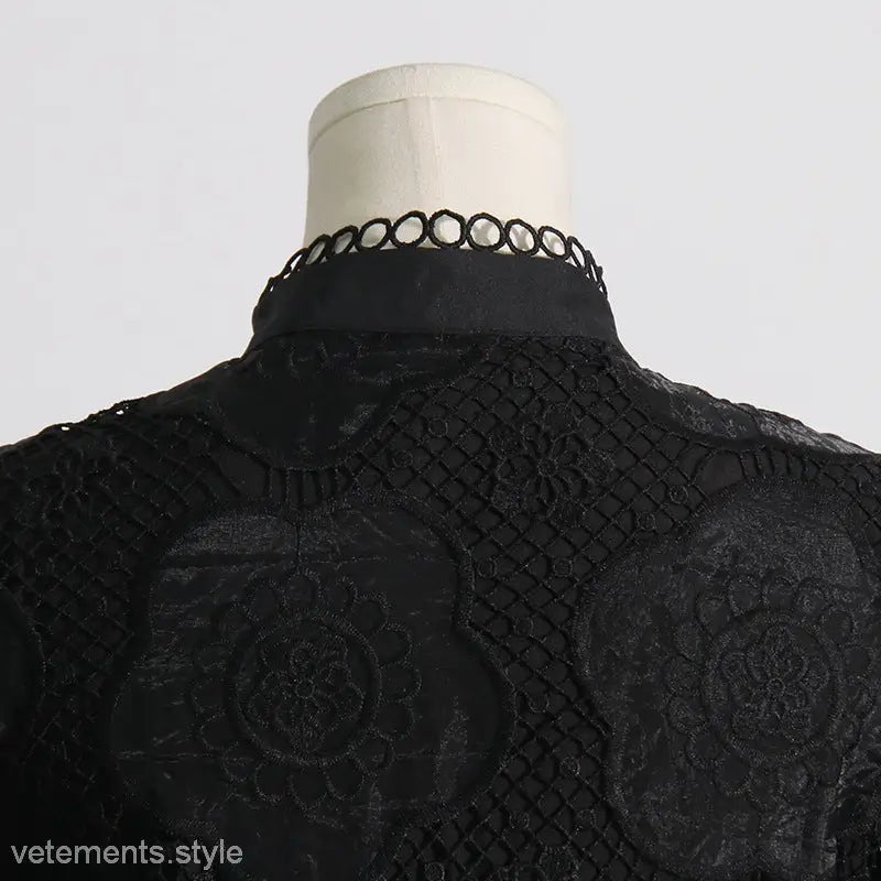 Black lace garment with floral pattern and decorative collar from French Royal Embroidered Dress