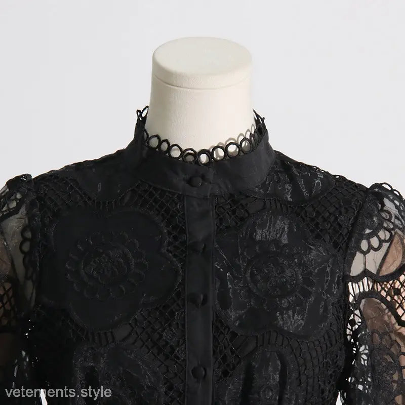Black lace blouse with high collar and floral pattern from French Royal Embroidered Dress