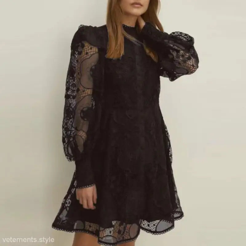 Black lace long sleeve high neckline French Royal Embroidered Dress for elegant occasions