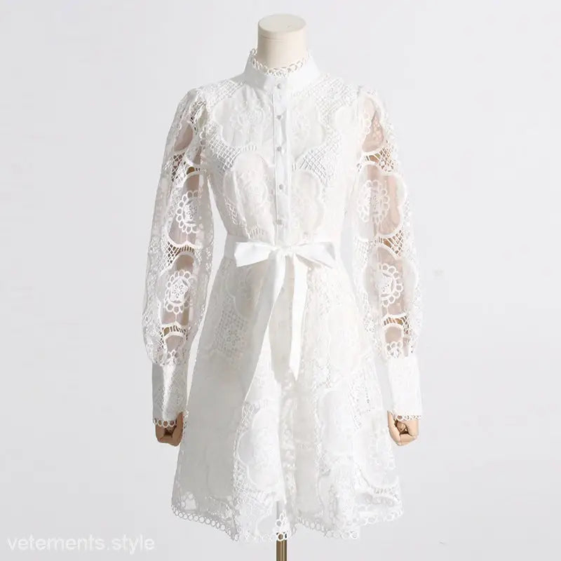 White lace mini dress with long sleeves and tie waist, French Royal Embroidered dress