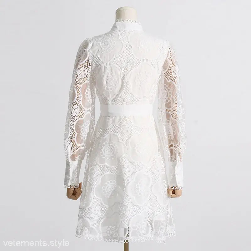 White lace dress with long sleeves and high neckline from French Royal Embroidered collection