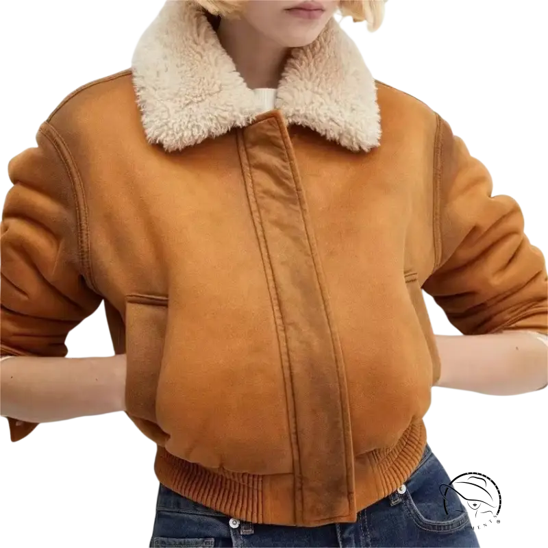 Tan suede French short jacket with plush cream shearling collar